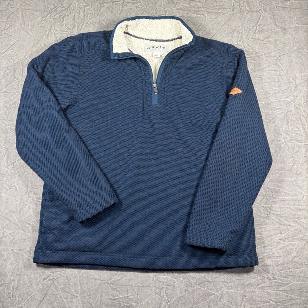 Orvis Pullover Mens L Blue Quarter Zip Sherpa Lined Collar Textured Knit Fleece